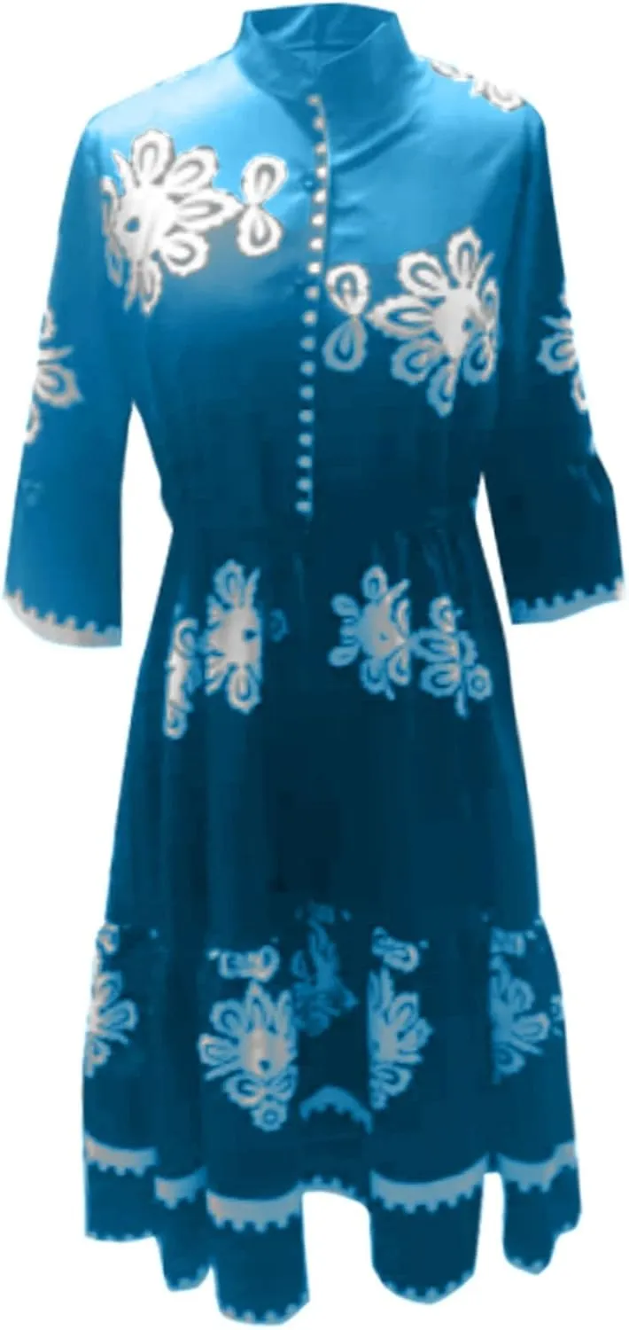 Miyaomn Womens Boho Floral Shirt Dress Tiered Ruffle Tied Waist Flare 3/4 Sleeve Button Down Casual A-Line Flowy Midi Dresses