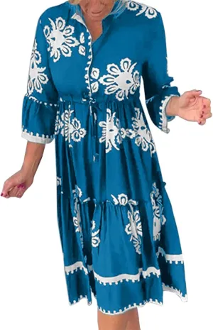 Miyaomn Womens Boho Floral Shirt Dress Tiered Ruffle Tied Waist Flare 3/4 Sleeve Button Down Casual A-Line Flowy Midi Dresses