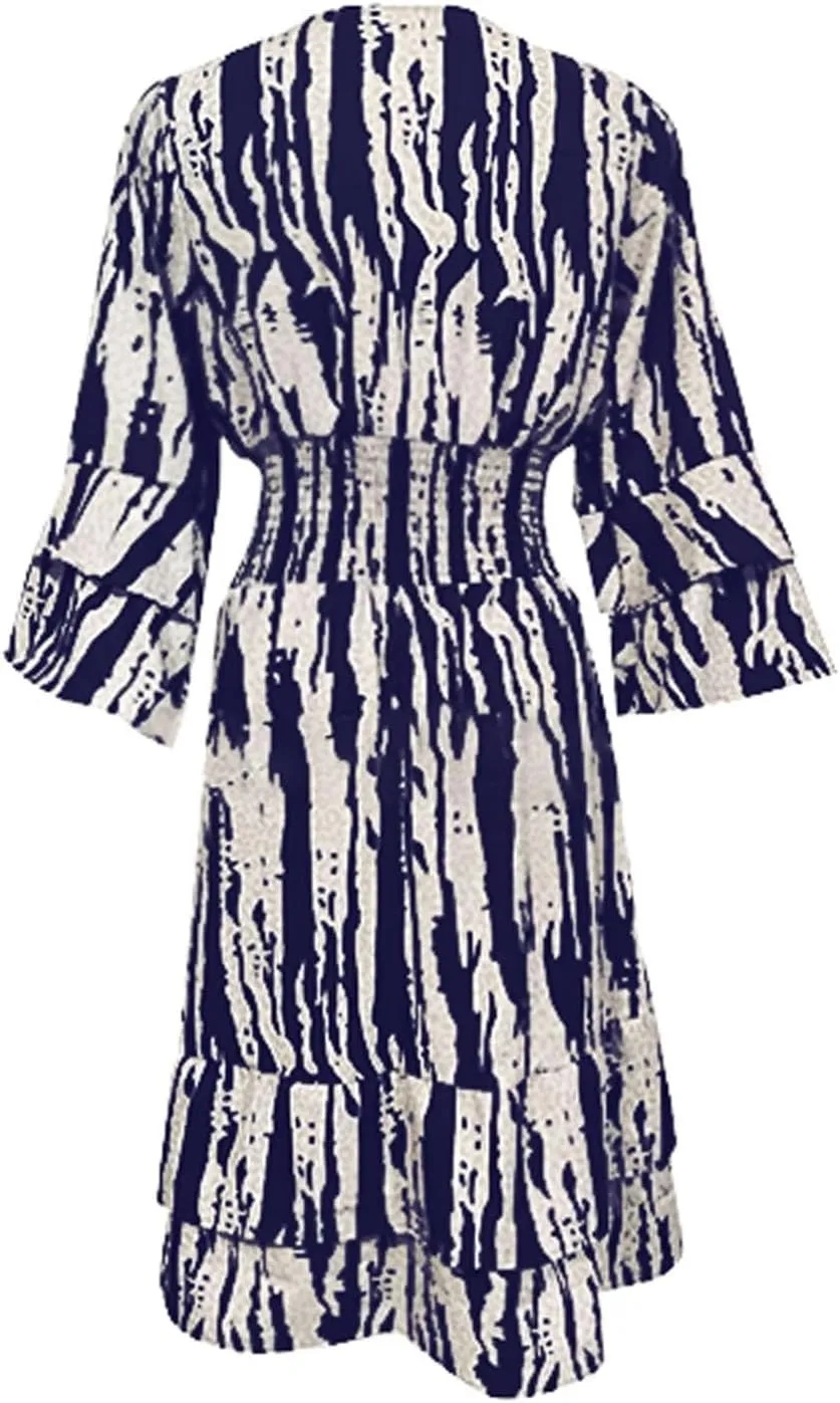 Miyaomn Women's Casual Print V Neck Summer Dresses Smocked Waist Long Sleeve Sundress Ruffled Flowy Beach Vacation Midi Dress