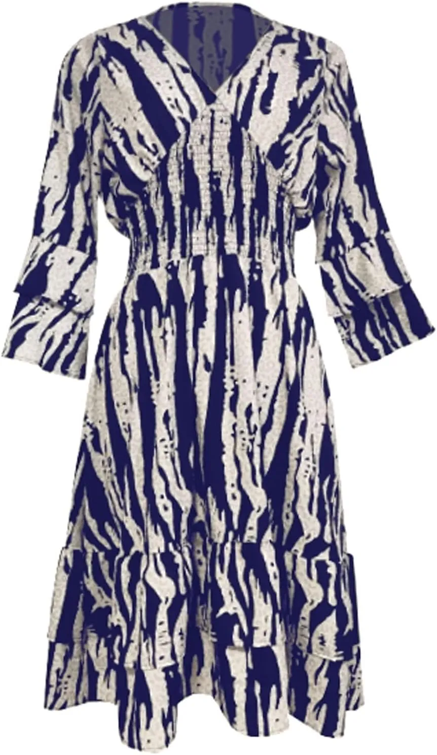 Miyaomn Women's Casual Print V Neck Summer Dresses Smocked Waist Long Sleeve Sundress Ruffled Flowy Beach Vacation Midi Dress