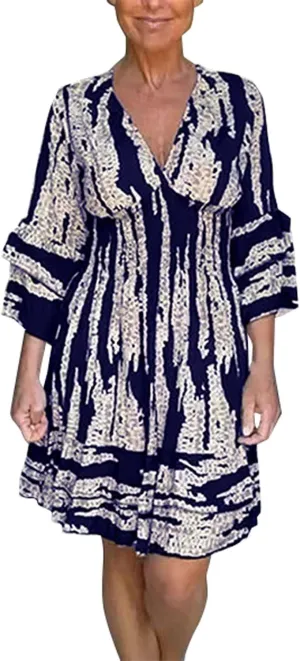 Miyaomn Women's Casual Print V Neck Summer Dresses Smocked Waist Long Sleeve Sundress Ruffled Flowy Beach Vacation Midi Dress