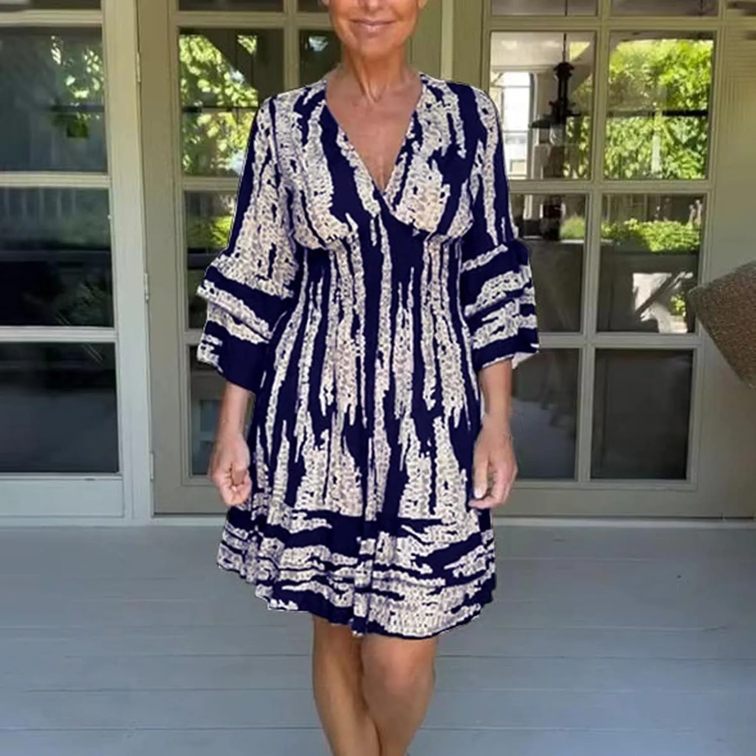 Miyaomn Women's Casual Print V Neck Summer Dresses Smocked Waist Long Sleeve Sundress Ruffled Flowy Beach Vacation Midi Dress