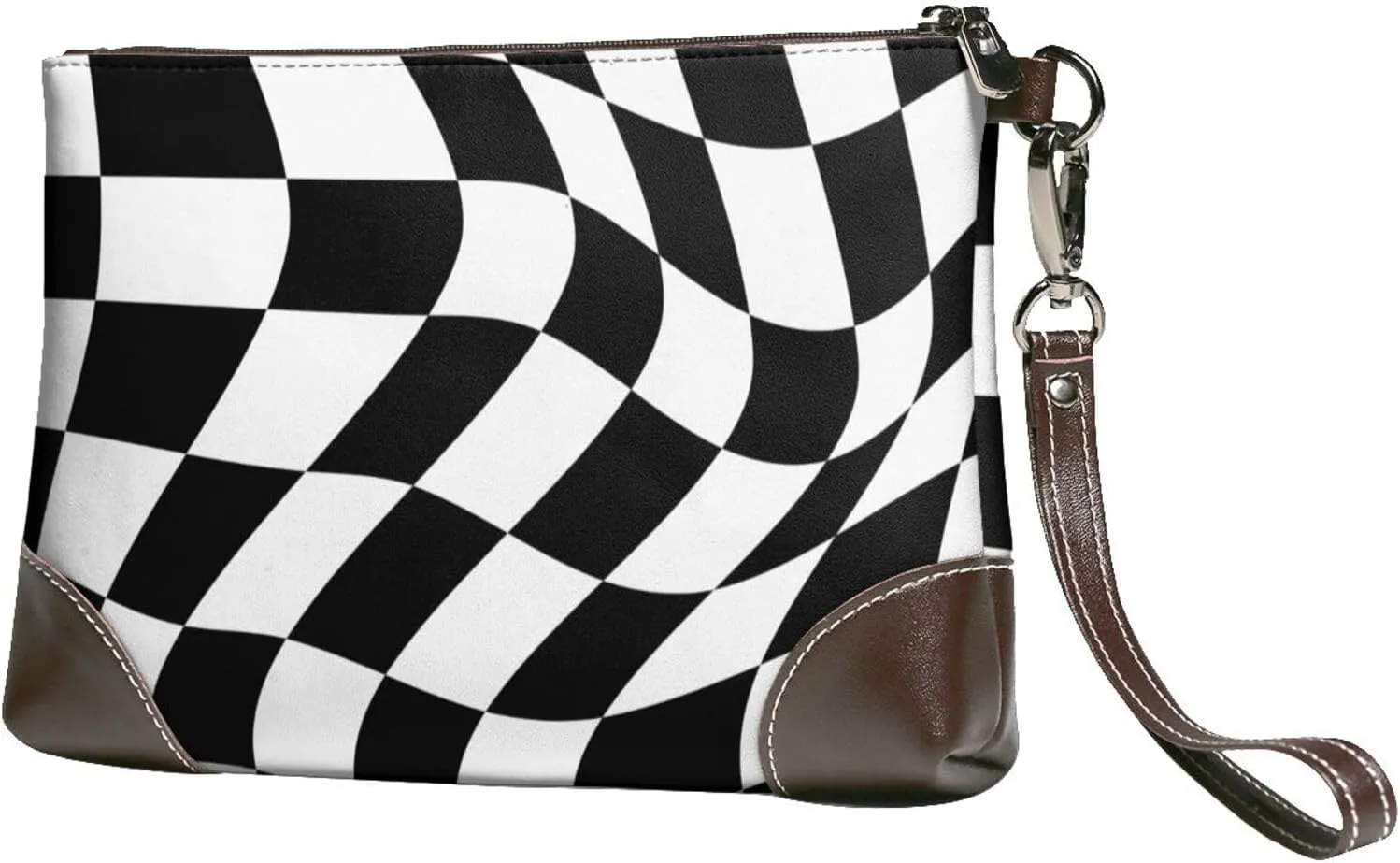 Modern Black Checkered Lattice Women Leather Clutch Bag Wristlet Handbags Purses Evening Bag Clutch Purse