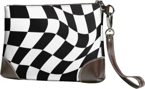Modern Black Checkered Lattice Women Leather Clutch Bag Wristlet Handbags Purses Evening Bag Clutch Purse