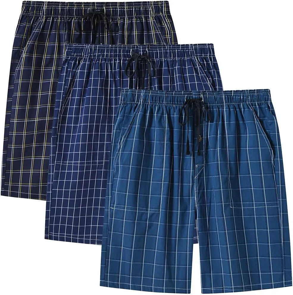 MoFiz Men's Sleepwear Shorts Pajama Bottom Lounge Short Plaid Button Open Fly 3Pack