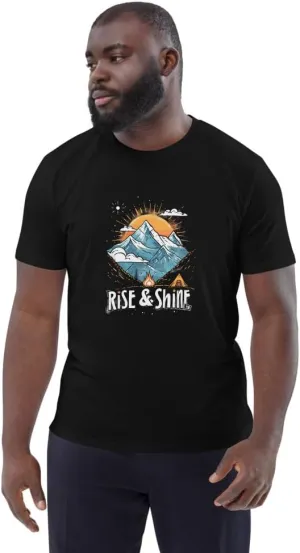 Mountain T-Shirt - Unisex Organic Cotton Tee, Adventure and Outdoor Motif, Morning Hikers Top Black, X-Large