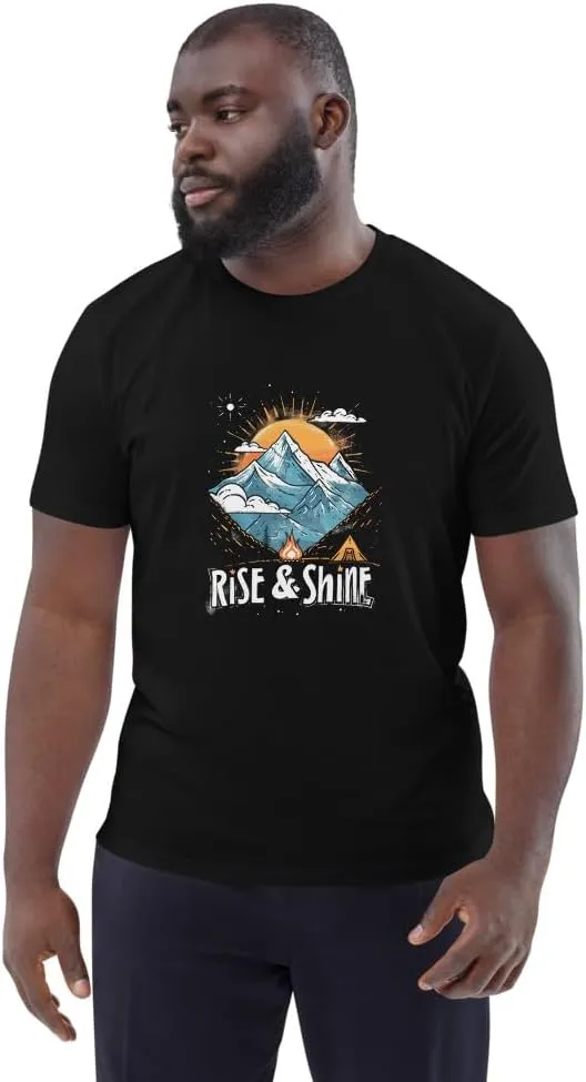 Mountain T-Shirt - Unisex Organic Cotton Tee, Adventure and Outdoor Motif, Morning Hikers Top Black, X-Large