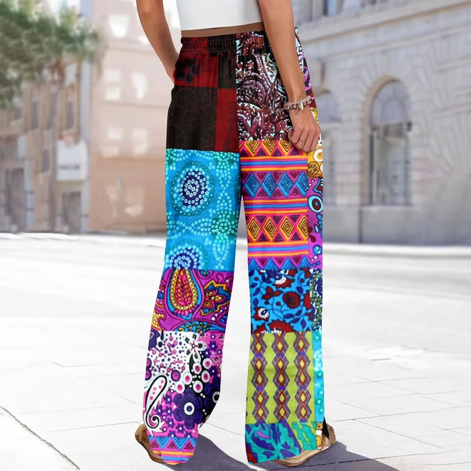 Palazzo Pants for Women Casual Boho Wide Leg Elastic High Waist Adjustable Knot Flowy Pants with Pockets
