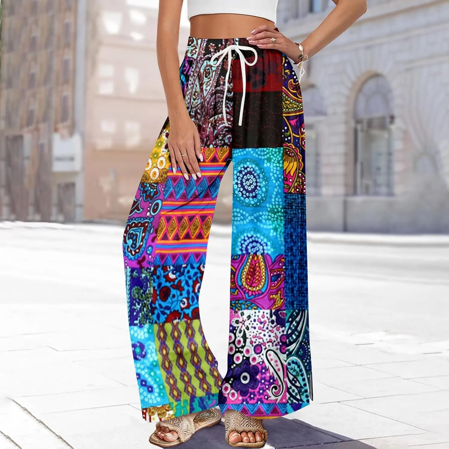 Palazzo Pants for Women Casual Boho Wide Leg Elastic High Waist Adjustable Knot Flowy Pants with Pockets