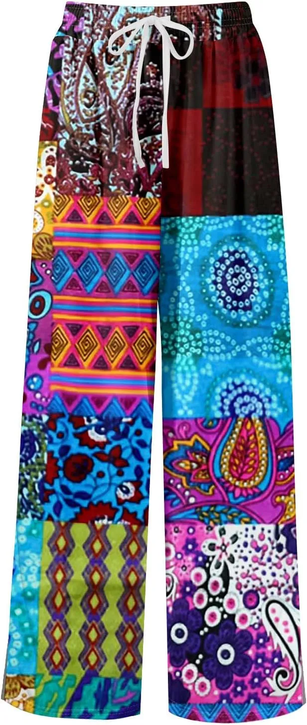 Palazzo Pants for Women Casual Boho Wide Leg Elastic High Waist Adjustable Knot Flowy Pants with Pockets