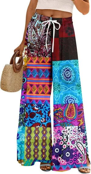 Palazzo Pants for Women Casual Boho Wide Leg Elastic High Waist Adjustable Knot Flowy Pants with Pockets