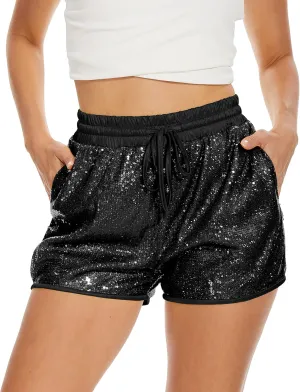 PESION Sequins Rave Shorts for Women High Waist Casual Loose A Line Hot Pants Sparkly Clubwear Night-Out