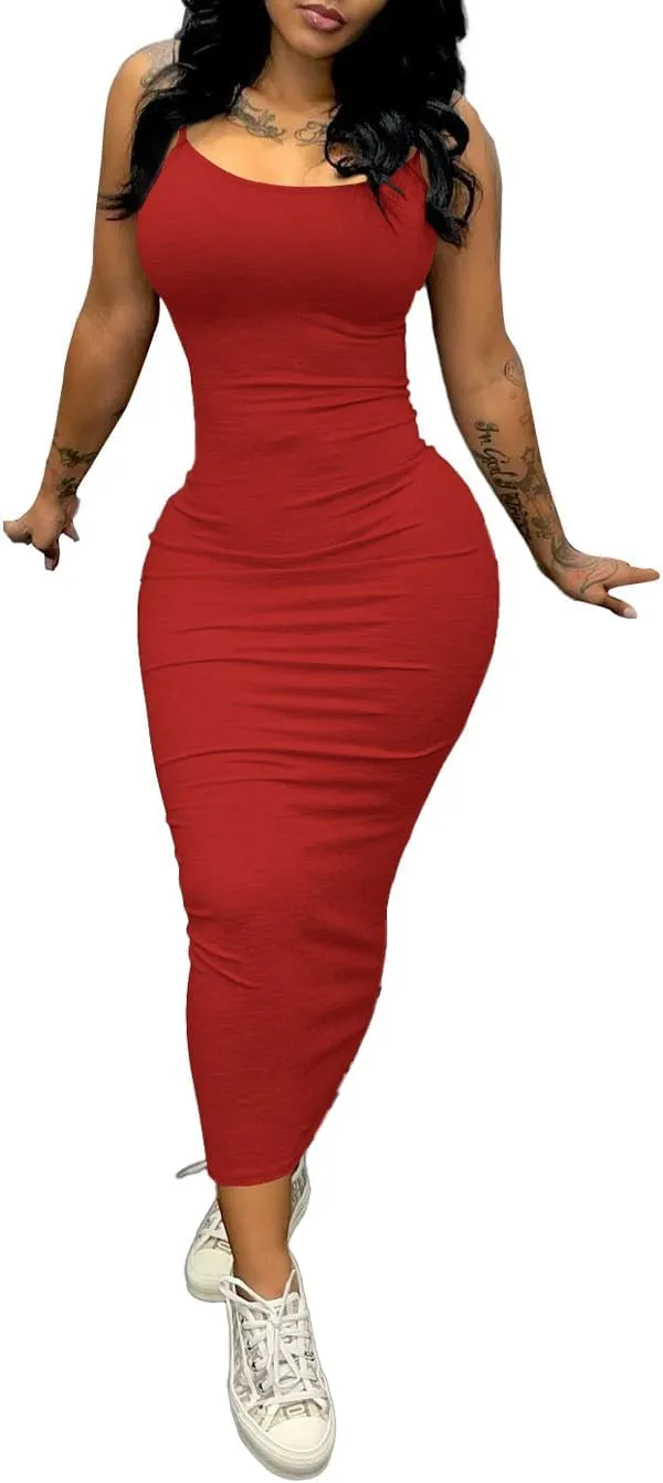 PINSV Women's Bodycon Long Slip Dress Spaghetti Strap Summer Maxi Dress Modern Casual Sundress