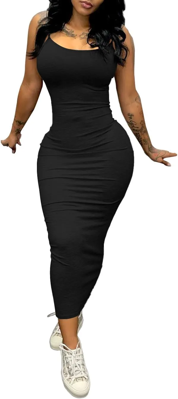PINSV Women's Bodycon Long Slip Dress Spaghetti Strap Summer Maxi Dress Modern Casual Sundress