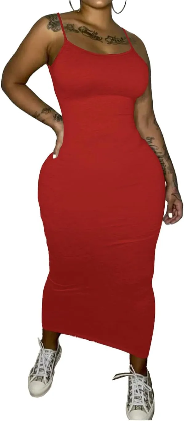 PINSV Women's Bodycon Long Slip Dress Spaghetti Strap Summer Maxi Dress Modern Casual Sundress