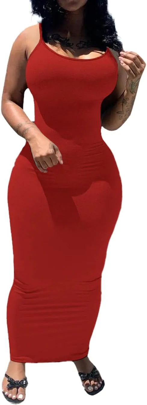 PINSV Women's Bodycon Long Slip Dress Spaghetti Strap Summer Maxi Dress Modern Casual Sundress