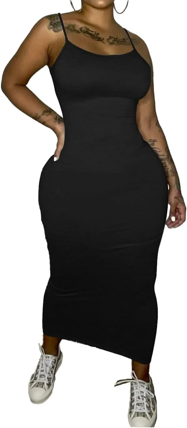 PINSV Women's Bodycon Long Slip Dress Spaghetti Strap Summer Maxi Dress Modern Casual Sundress