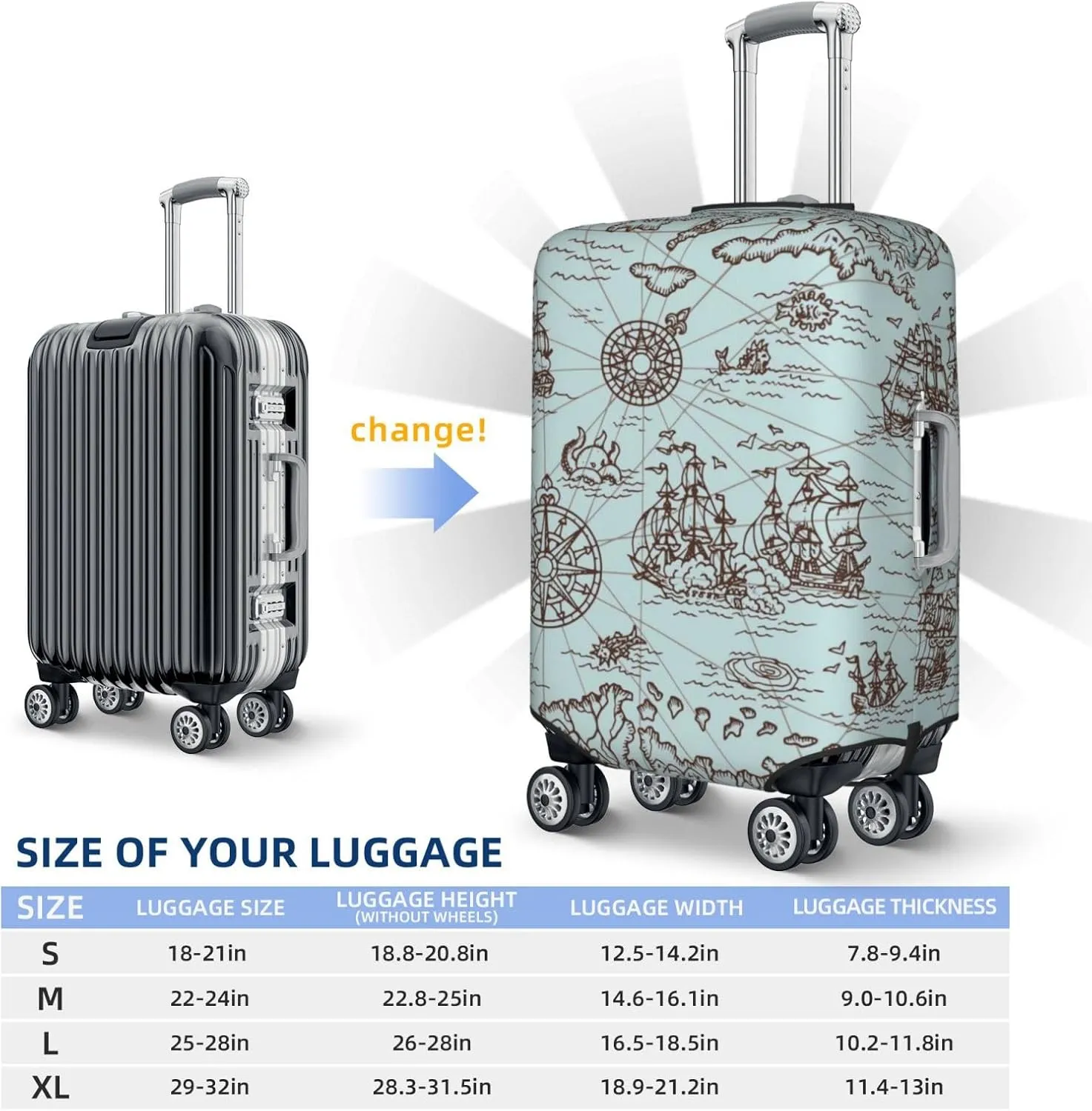 Pirate Adventure Map Print Washable Luggage Cover - Fashion Suitcase Protector Fits 18-32 Inch Luggage