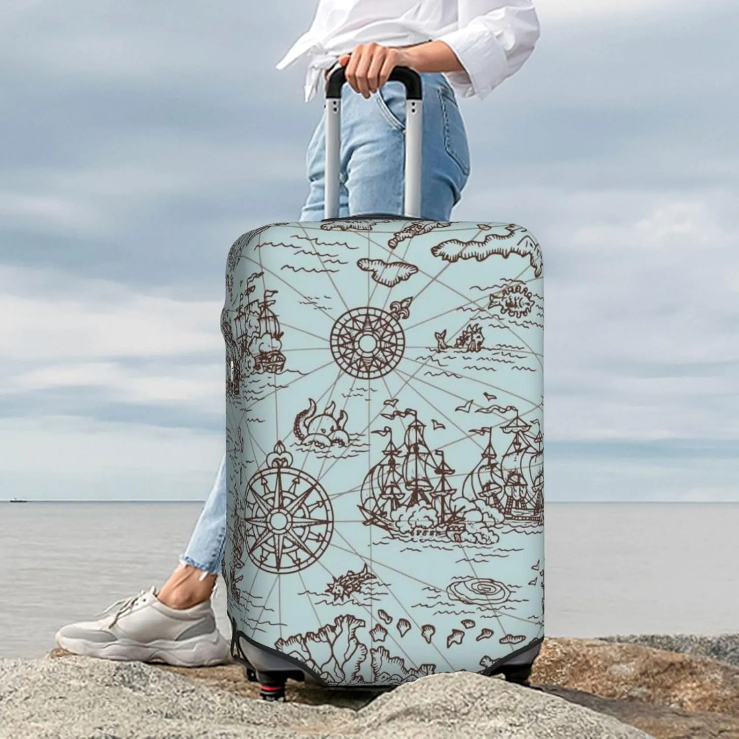 Pirate Adventure Map Print Washable Luggage Cover - Fashion Suitcase Protector Fits 18-32 Inch Luggage