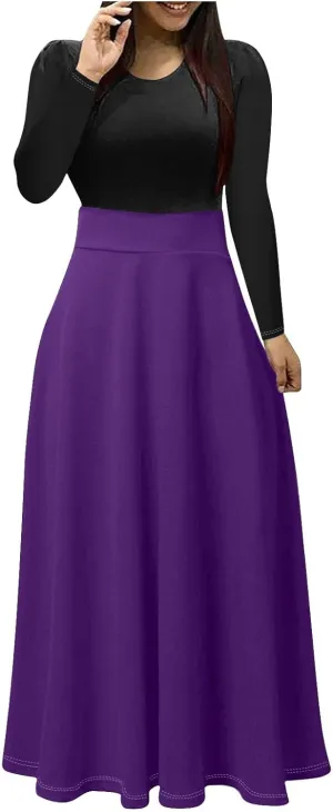 Plus Size Formal Dresses for Women Elegant Long Sleeve Color Block Elastic Waist Maxi Dress Causal Slim Ruffle Dress