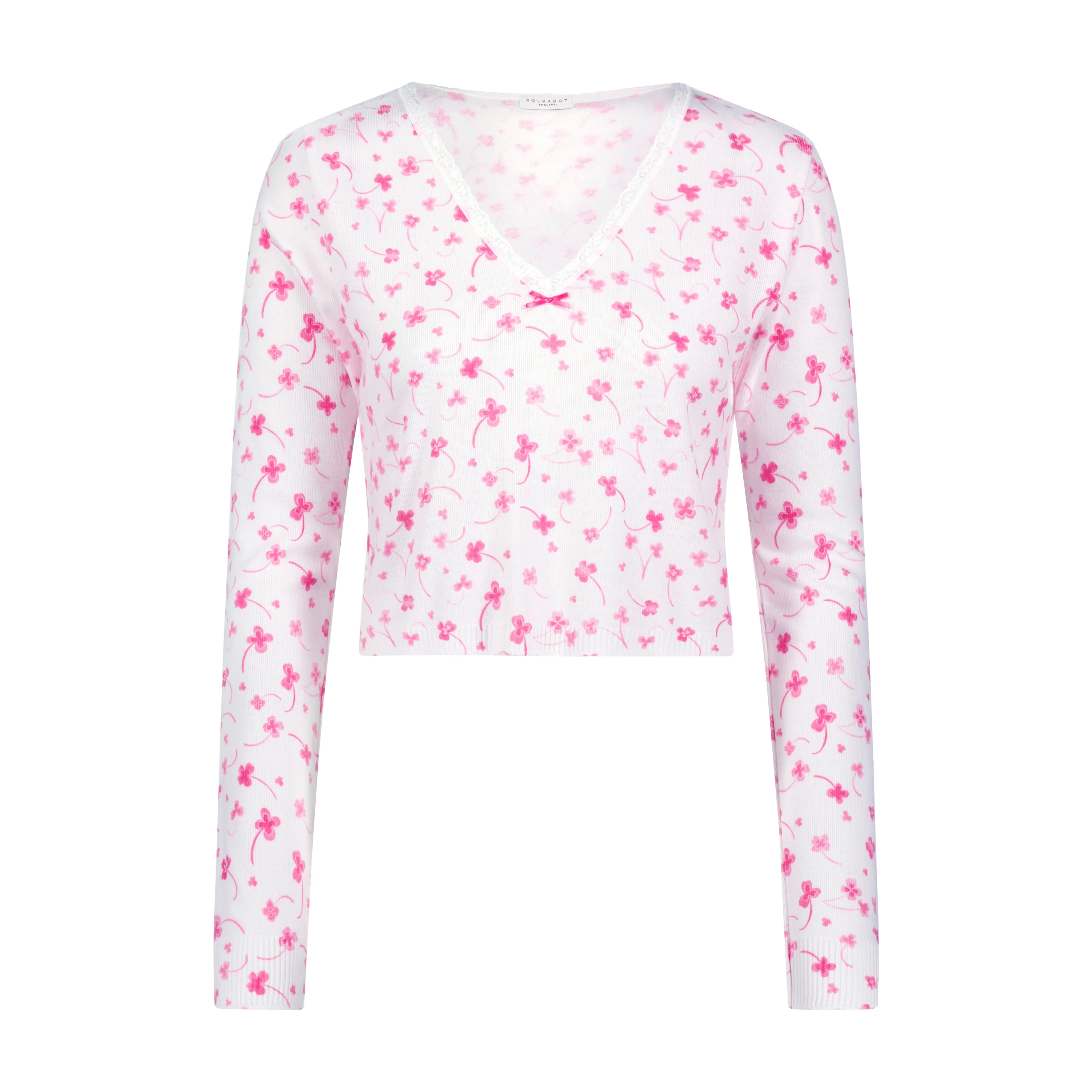 Polkadot PINK CLOVER Print CROP V SLOUCHY LS