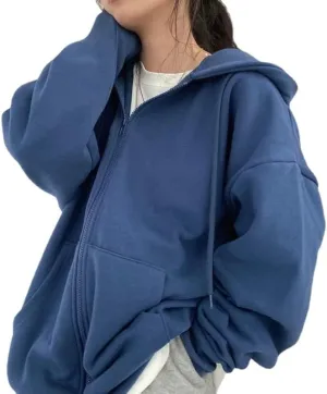 Pooyikoi Women Harajuku Zip Up Hoodie Vintage Long Sleeve Oversized Solid Color Hoodies Korean Pocket Drawstring Sweatshirts
