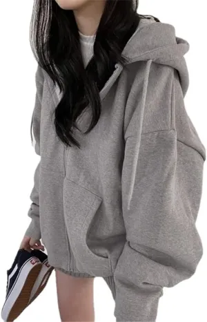 Pooyikoi Women Harajuku Zip Up Hoodie Vintage Long Sleeve Oversized Solid Color Hoodies Korean Pocket Drawstring Sweatshirts