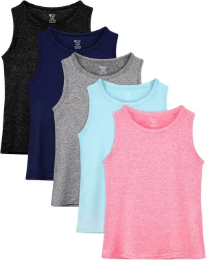 Poroka 5 Packs Girls Active Dry Fit Athletic Tank Top Performance Tech Sleeveless Shirts for Running Exercise Yoga