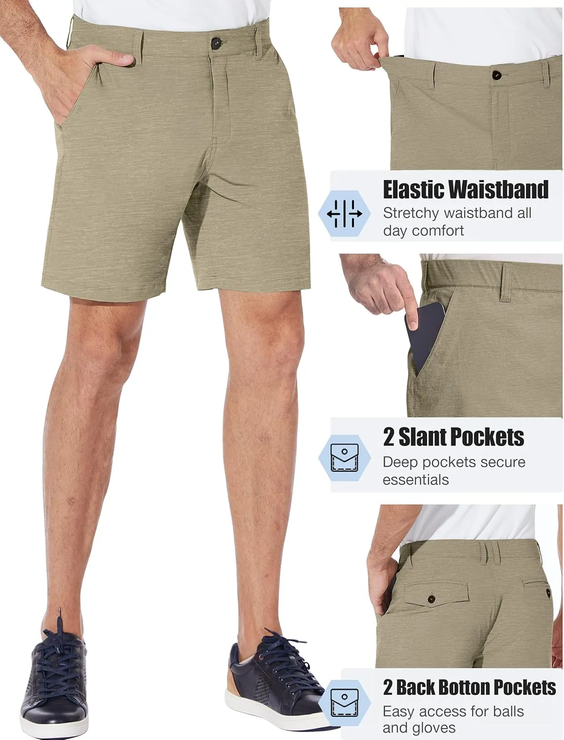 PULI Men's Golf Shorts Dress Flat Front Hybrid 7 Inch Stretch Lightweight Quick Dry Chino Casual with Pockets