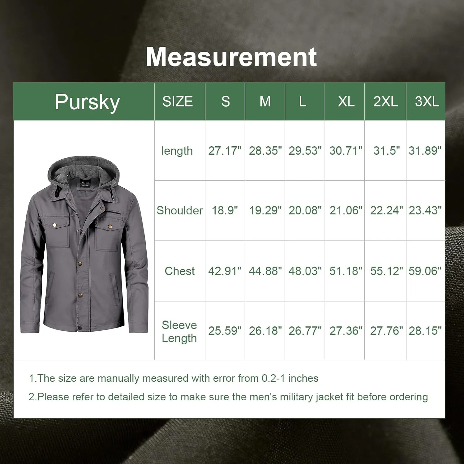 Pursky Men's Canvas Cotton Military Casual Field Jacket Outerwear With Removable Hood