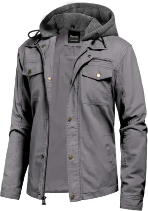 Pursky Men's Canvas Cotton Military Casual Field Jacket Outerwear With Removable Hood