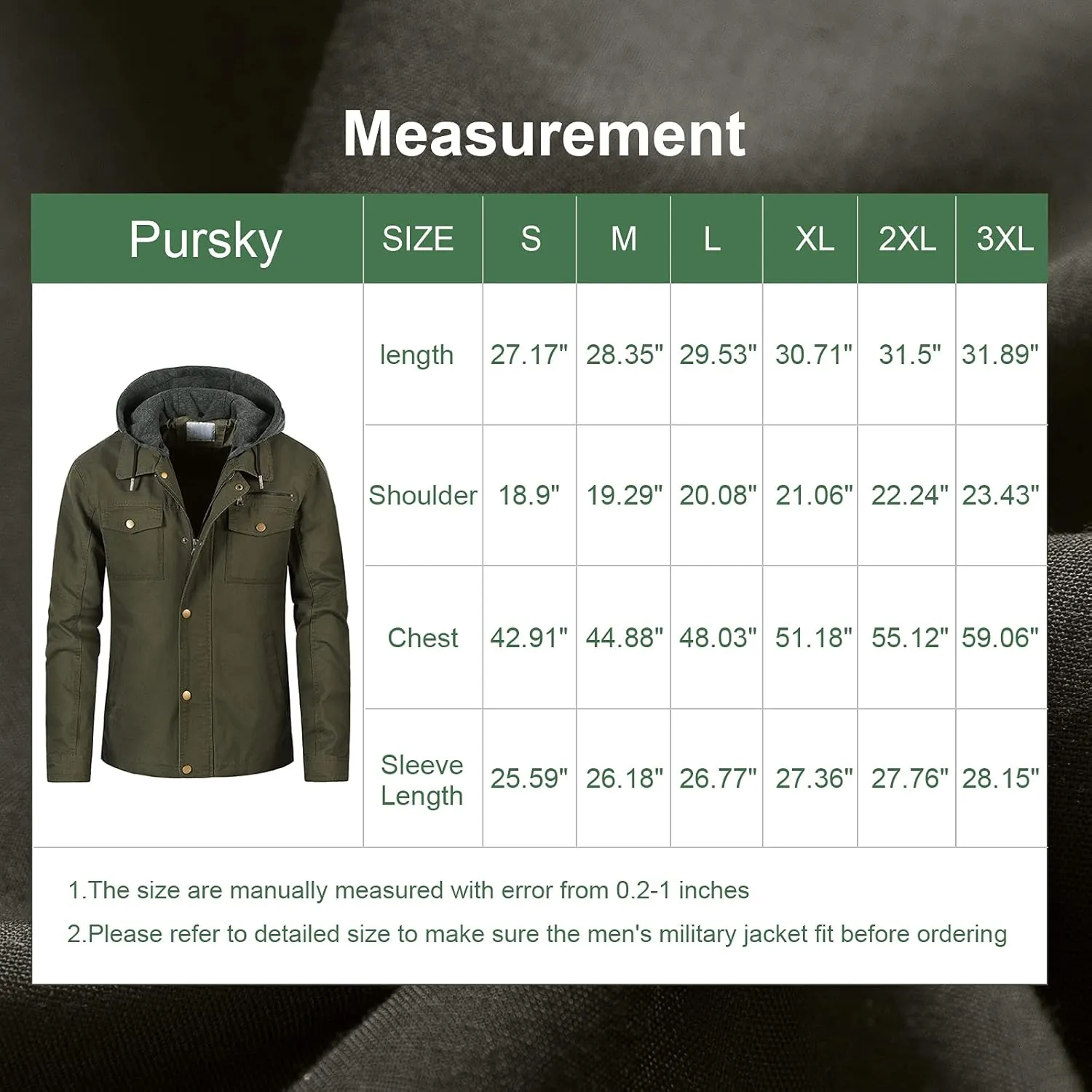 Pursky Men's Canvas Cotton Military Casual Field Jacket Outerwear With Removable Hood