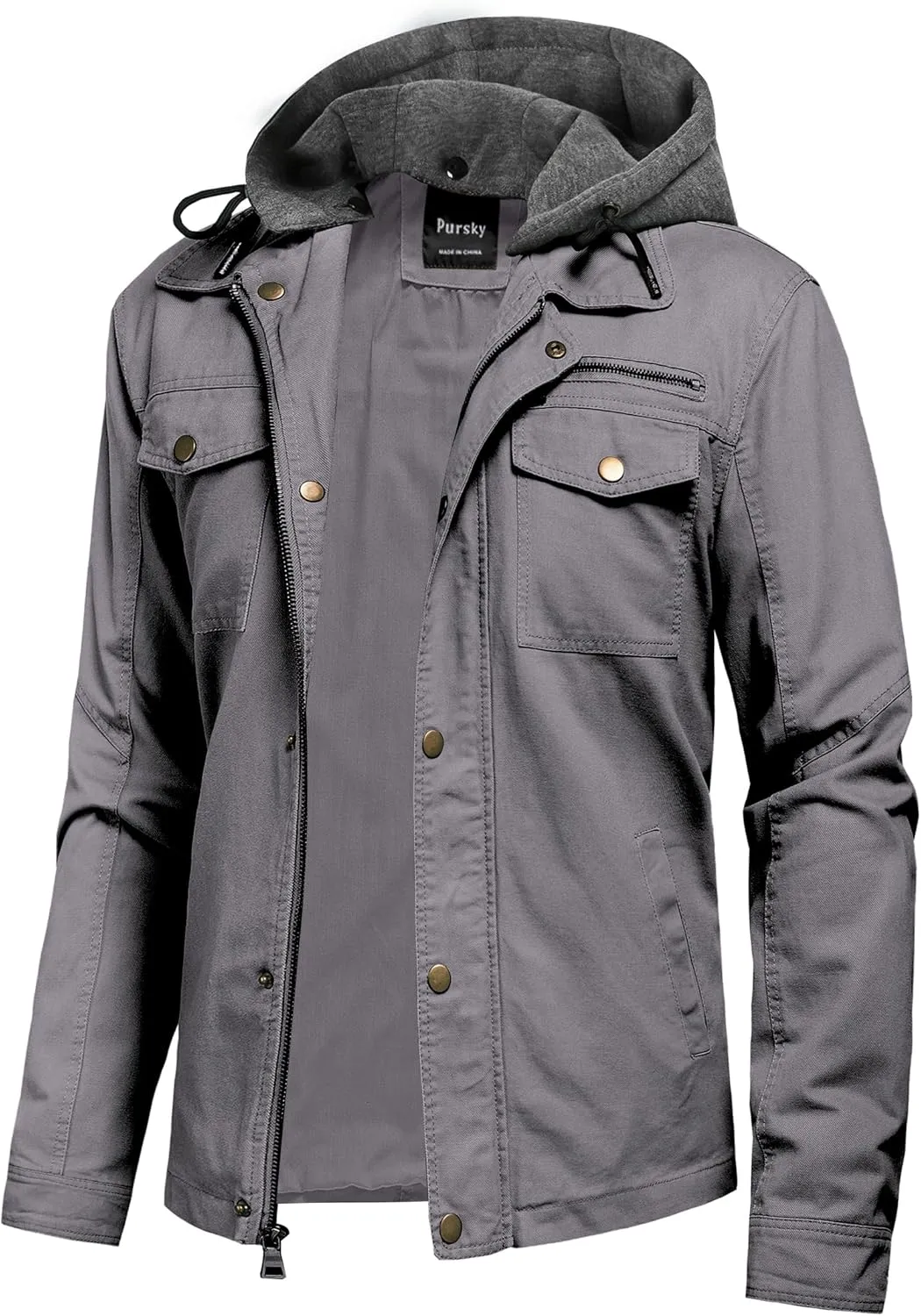 Pursky Men's Canvas Cotton Military Casual Field Jacket Outerwear With Removable Hood