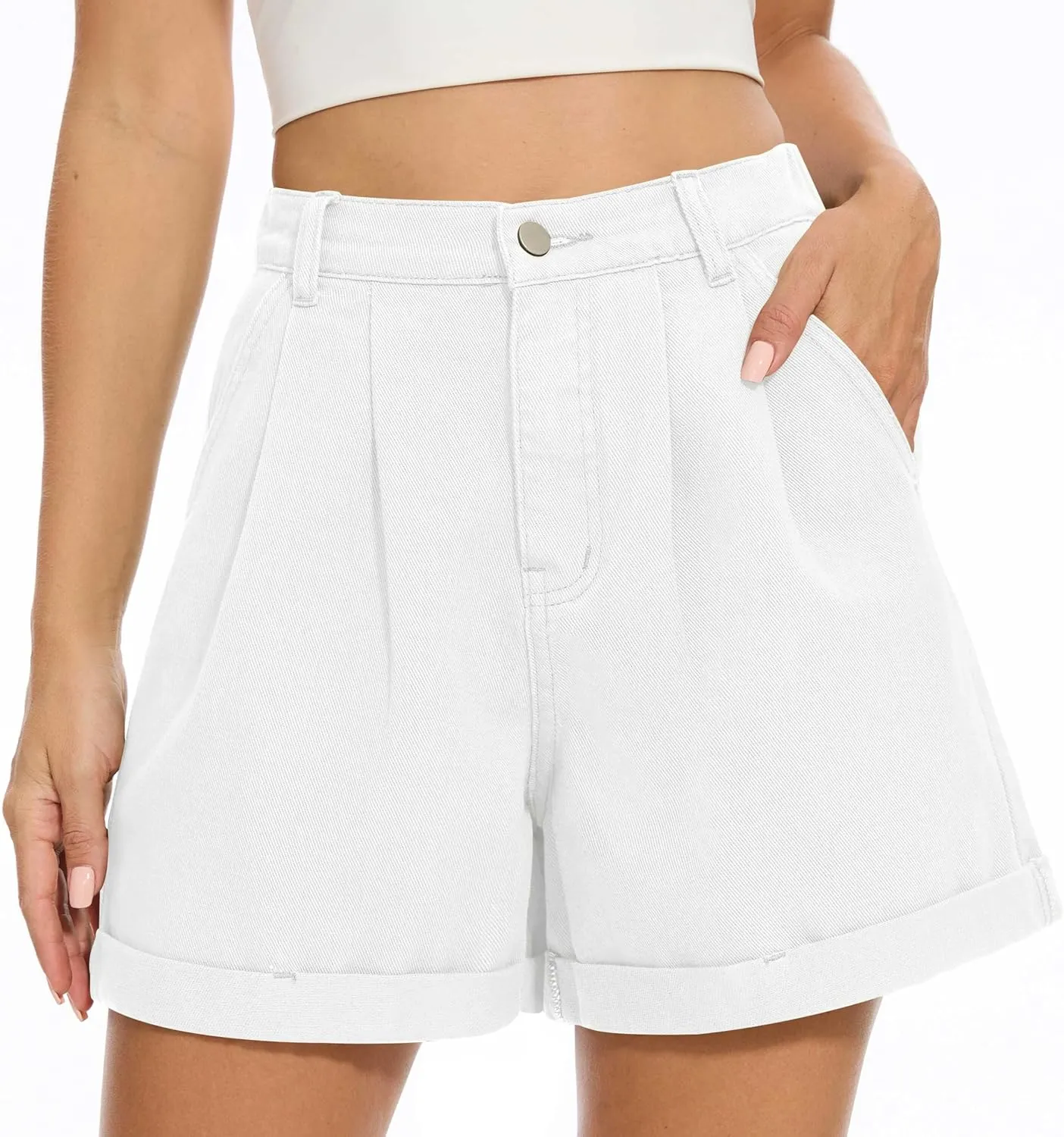 QUEZHU Women Denim Pleated High Waist Jean Shorts 2025 Summer Causal with Pockets