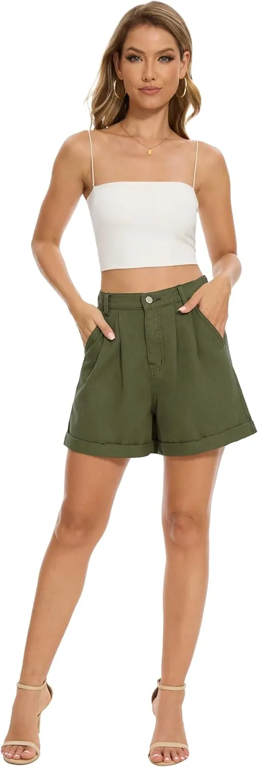 QUEZHU Women Denim Pleated High Waist Jean Shorts 2025 Summer Causal with Pockets