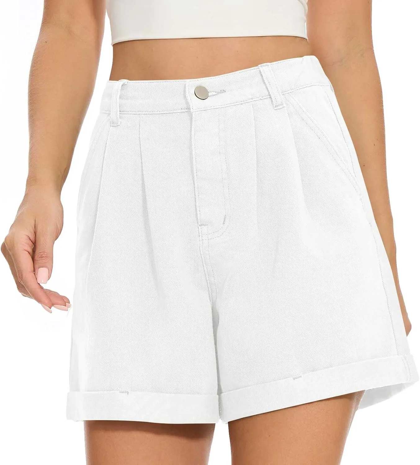 QUEZHU Women Denim Pleated High Waist Jean Shorts 2025 Summer Causal with Pockets