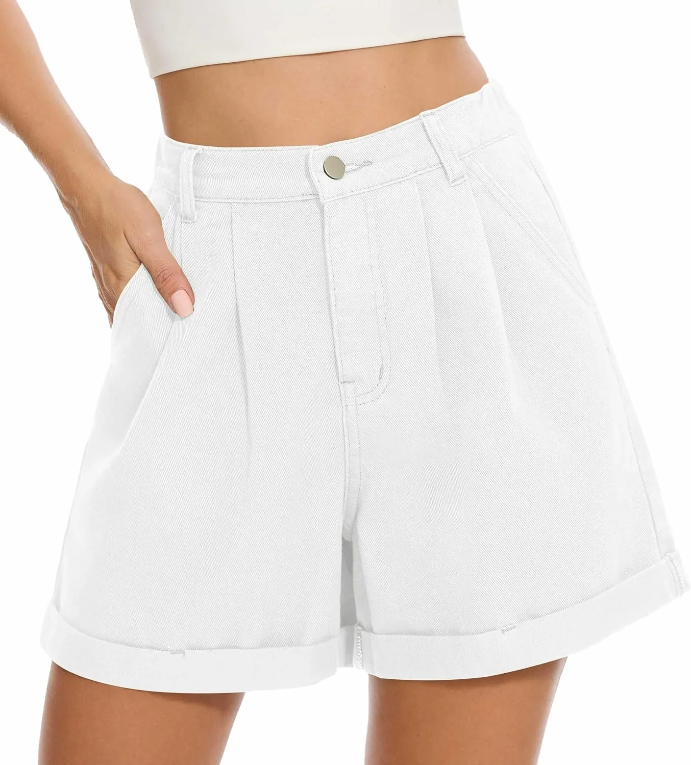 QUEZHU Women Denim Pleated High Waist Jean Shorts 2025 Summer Causal with Pockets