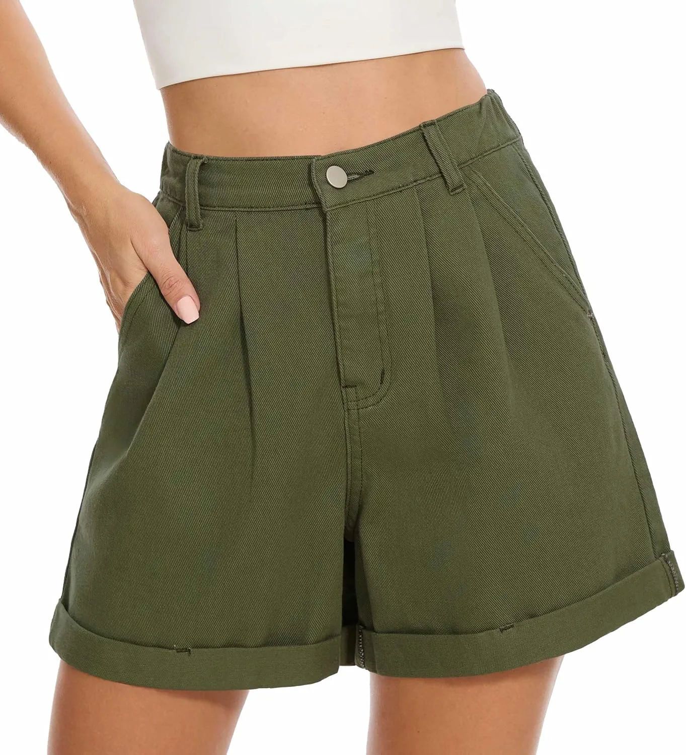 QUEZHU Women Denim Pleated High Waist Jean Shorts 2025 Summer Causal with Pockets