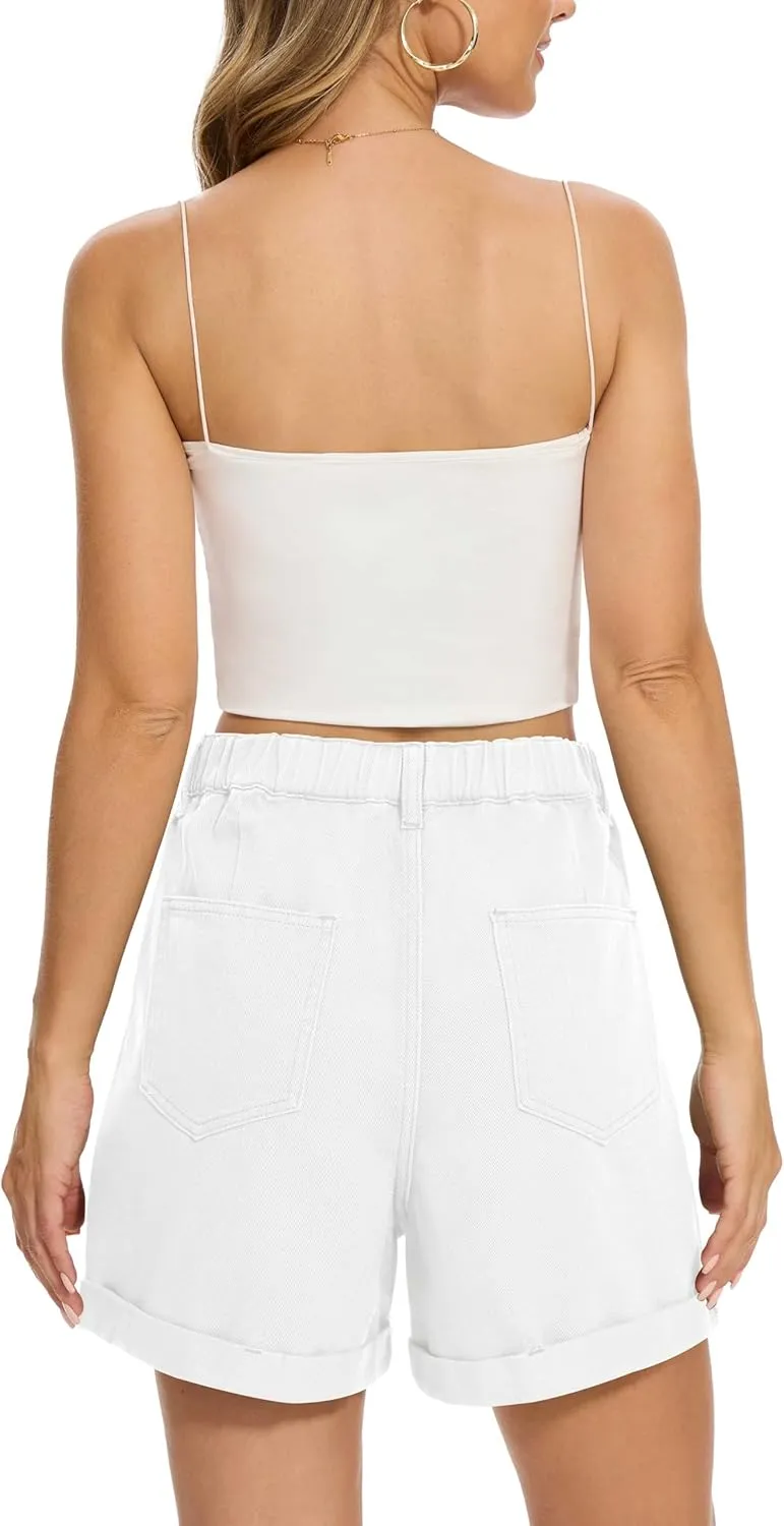 QUEZHU Women Denim Pleated High Waist Jean Shorts 2025 Summer Causal with Pockets