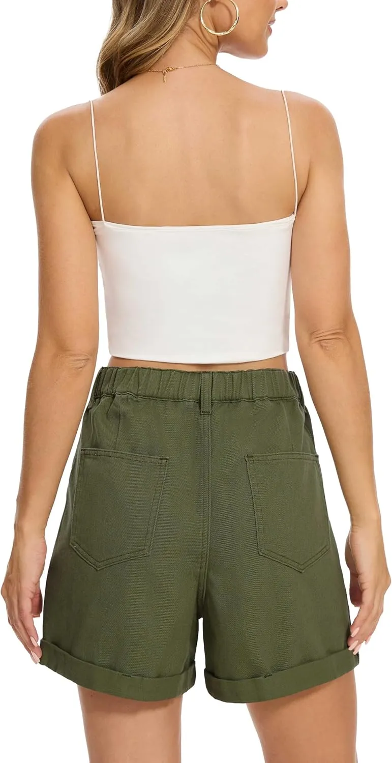 QUEZHU Women Denim Pleated High Waist Jean Shorts 2025 Summer Causal with Pockets
