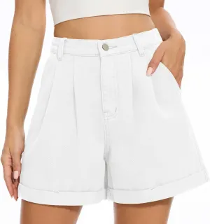 QUEZHU Women Denim Pleated High Waist Jean Shorts 2025 Summer Causal with Pockets