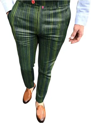 QWENTMTNTY Mens Striped Slim Fit Dress Pants Stretch Wrinkle Free Chino Pants Business Casual Straight Leg Tapered Pants Green