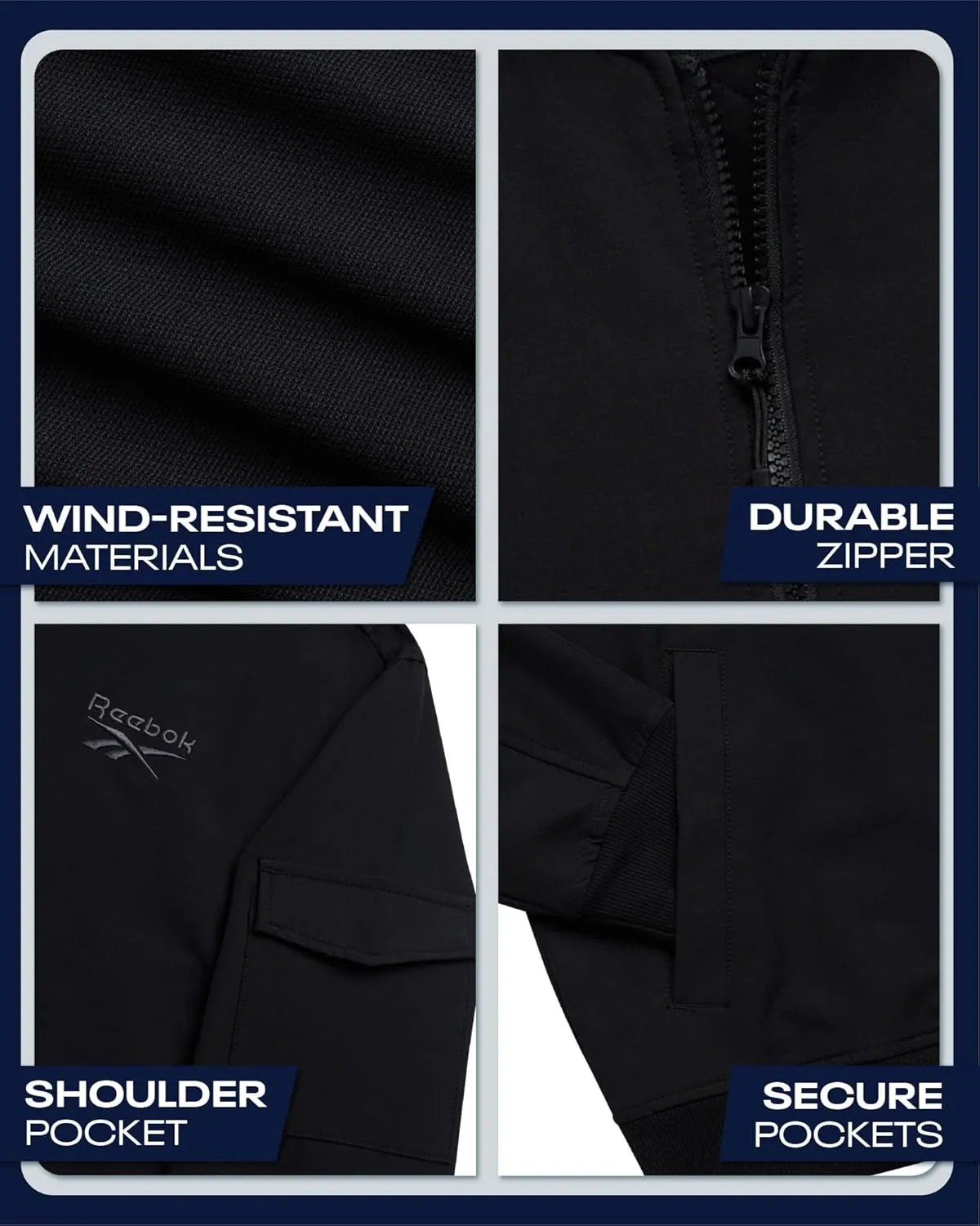 Reebok Mens Rain Jacket - Full Zip Up Lightweight Water Resistant Windbreaker Soft Shell Collar Rain Coat for Men (S-XL)