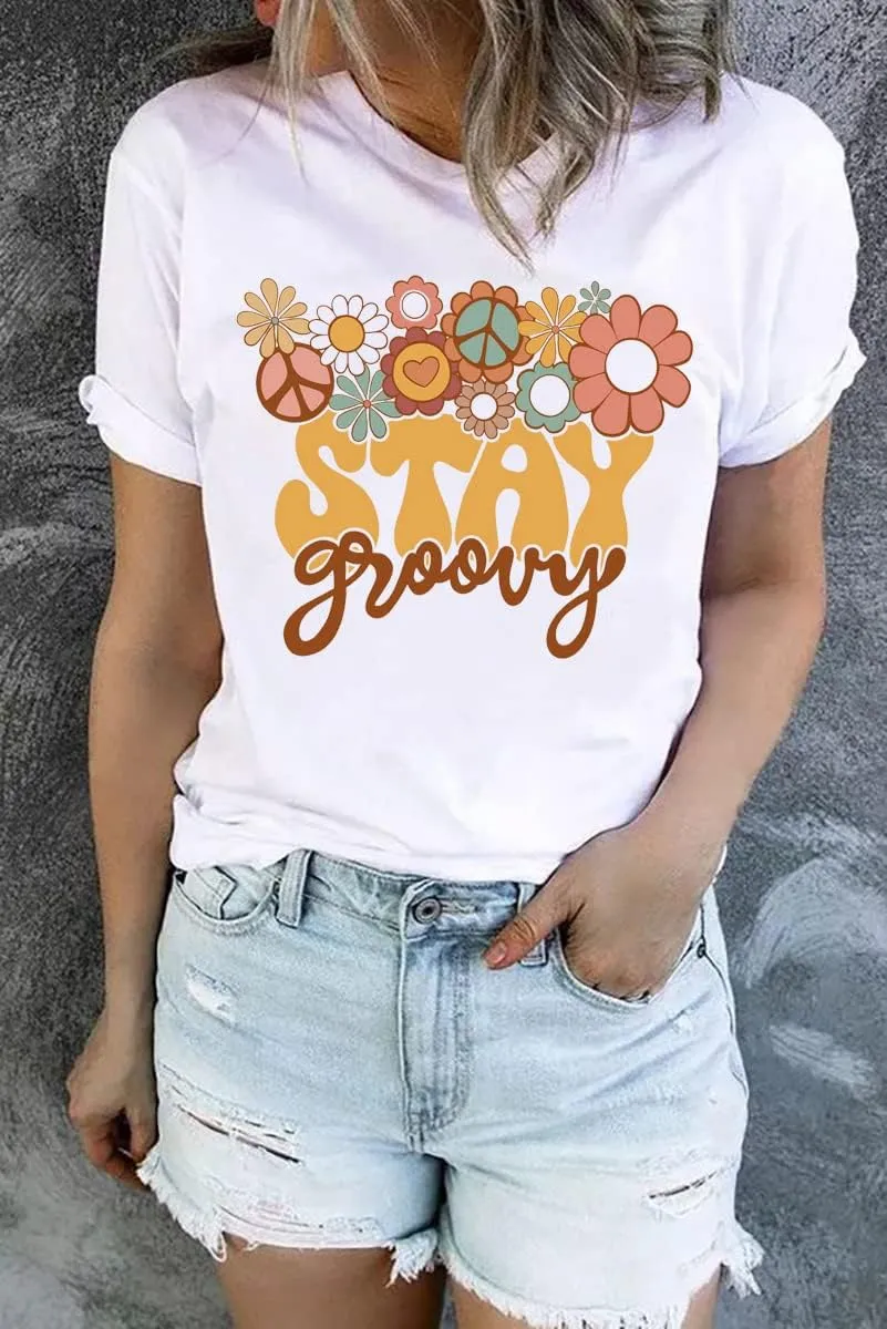 Retro Stay Groovy Shirt for Women Hippie 70s T-Shirt Cute Floral Graphic Tees Casual Summer Short Sleeve Tops