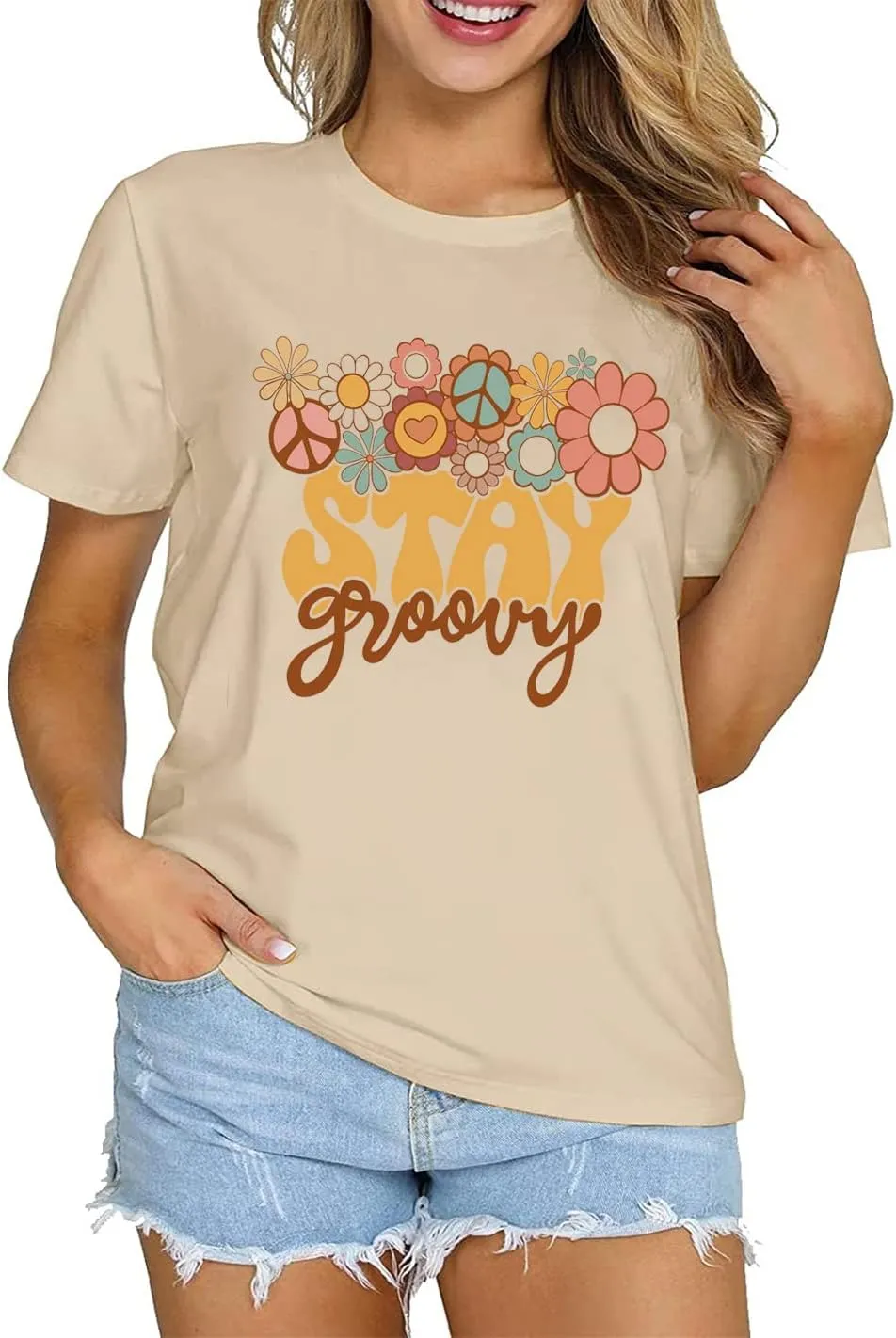 Retro Stay Groovy Shirt for Women Hippie 70s T-Shirt Cute Floral Graphic Tees Casual Summer Short Sleeve Tops