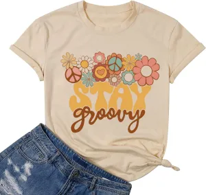 Retro Stay Groovy Shirt for Women Hippie 70s T-Shirt Cute Floral Graphic Tees Casual Summer Short Sleeve Tops