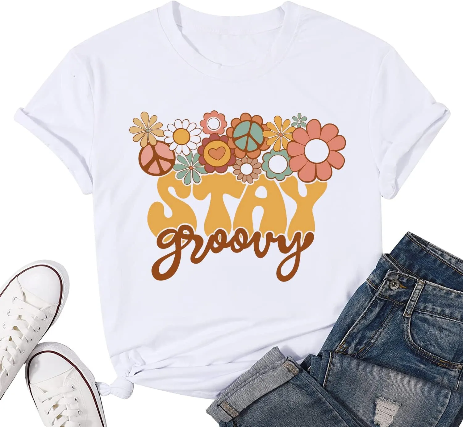 Retro Stay Groovy Shirt for Women Hippie 70s T-Shirt Cute Floral Graphic Tees Casual Summer Short Sleeve Tops