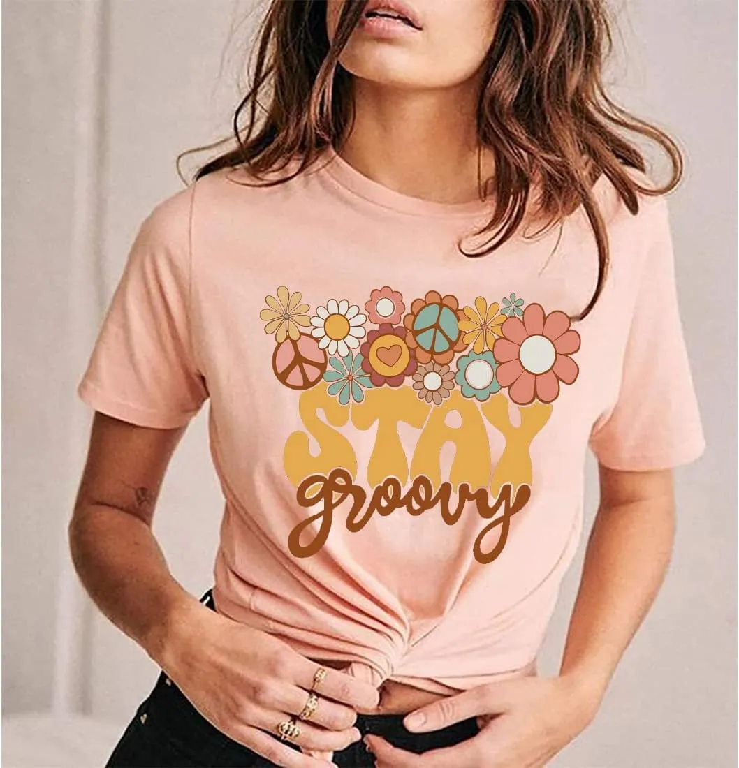 Retro Stay Groovy Shirt for Women Hippie 70s T-Shirt Cute Floral Graphic Tees Casual Summer Short Sleeve Tops