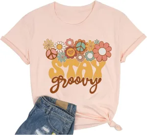 Retro Stay Groovy Shirt for Women Hippie 70s T-Shirt Cute Floral Graphic Tees Casual Summer Short Sleeve Tops