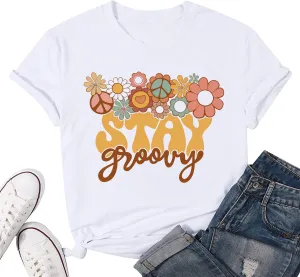 Retro Stay Groovy Shirt for Women Hippie 70s T-Shirt Cute Floral Graphic Tees Casual Summer Short Sleeve Tops